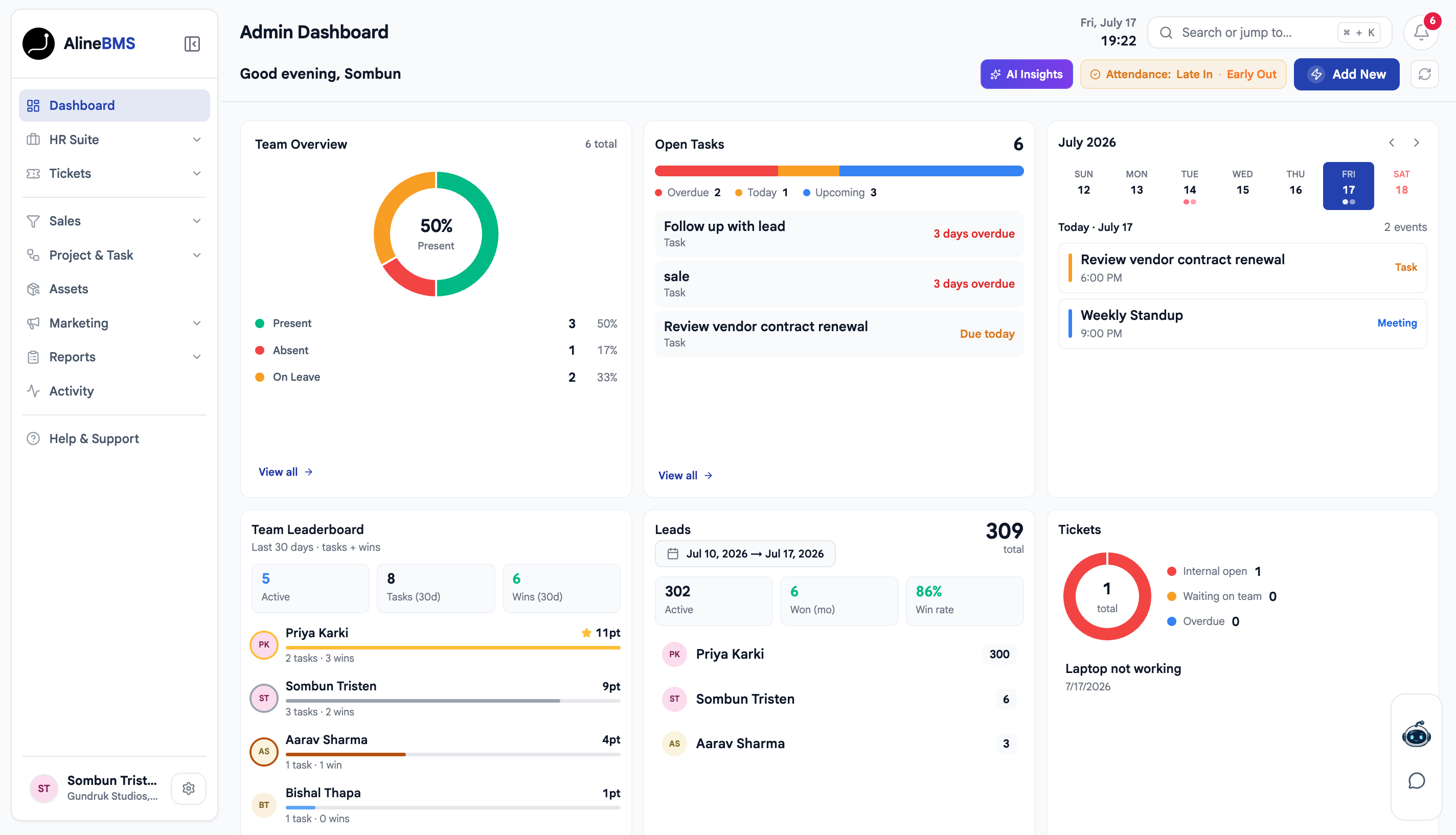 AlineBMS dashboard showing CRM, HR and payroll in one connected view